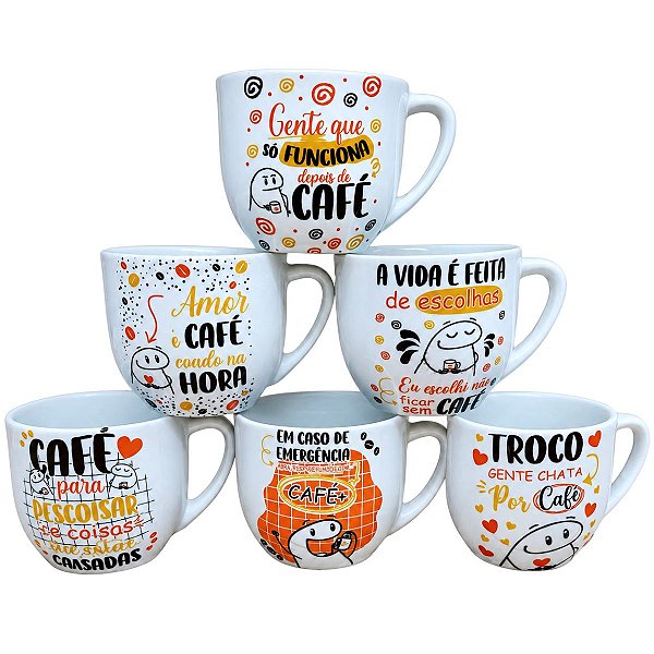 Kit Jogo 6 Xícaras Caneca de Porcelana 1700ml Frases