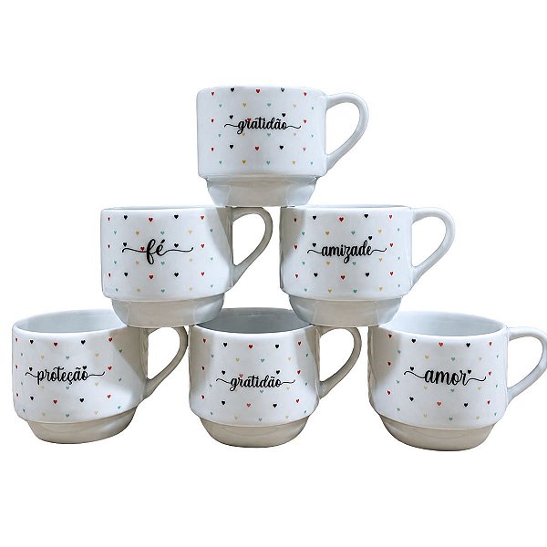 Kit Jogo 6 Xícaras Caneca de Porcelana 200ml Frases