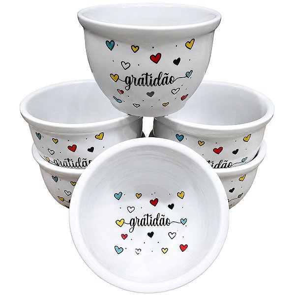 Jogo 6 Cumbucas 350ml Tigelas Porcelana Decorada - Gratidão
