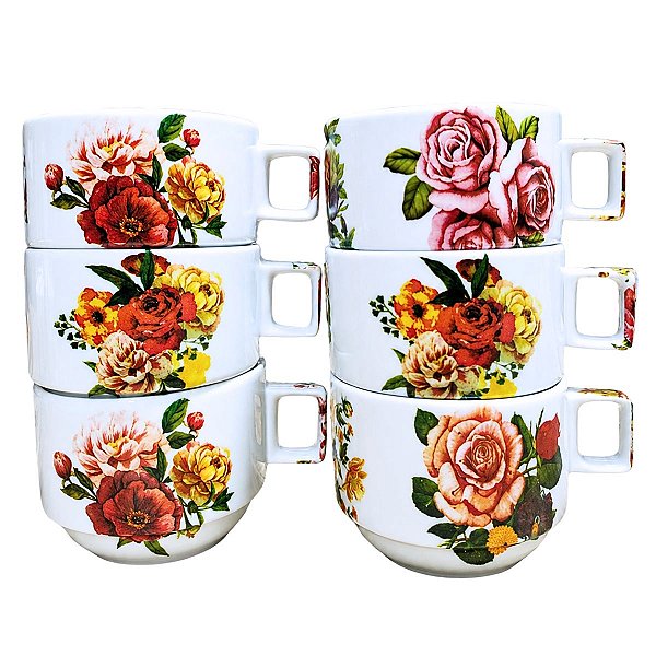 Jogo 6 Xícara Chá/Café Decorada Flores - Porcelana 200ml