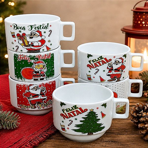 Kit Jogo Conjunto 6 Xícaras Caneca 200ml Porcelana Natal