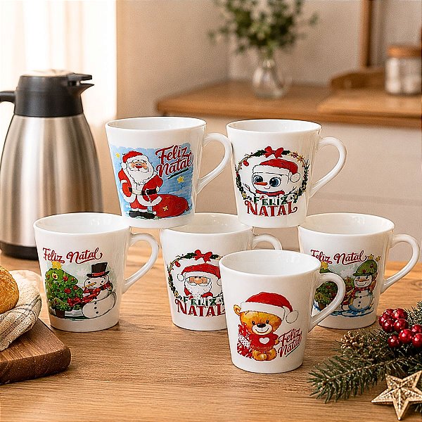 Kit Jogo Conjunto 6 Canecas 140ml Porcelana Tulipa Natal