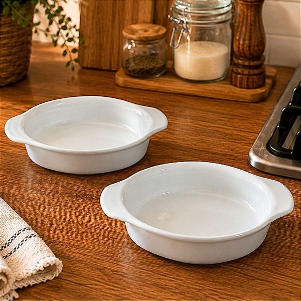 Kit 2 Travessas Refratária c/ Alças Porcelana Branca 18cm