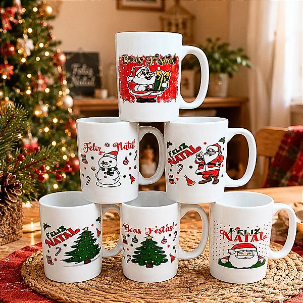 Kit Jogo Conjunto 6 Caneca 120ml Porcelana Natal Boas Festas