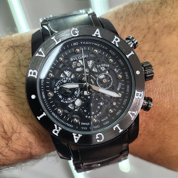 Relógio Bvlgari Preto Em Aço 50MM A Prova D'água