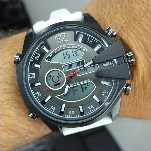 Diesel Caixa em Aço Pulseira de Silicone Branco 55MM