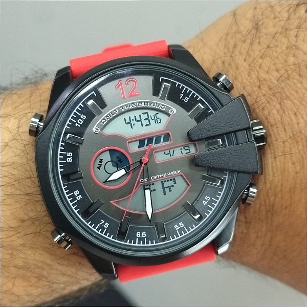 Diesel Caixa em Aço Pulseira de Silicone Vermelho 55MM