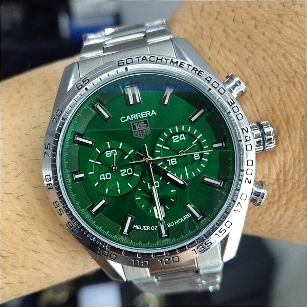 Tag Heuer Carrera Calibre Prateado com Verde Em Aço 50MM A Prova D'água