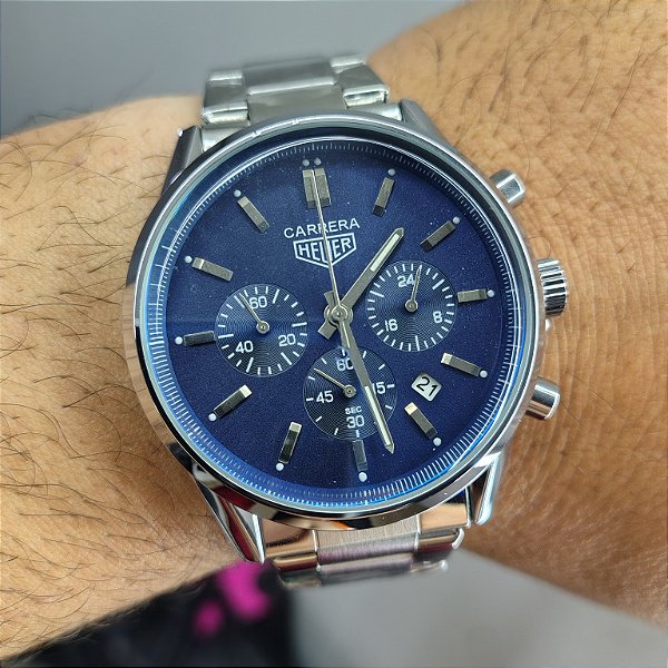 Tag Heuer Carrera Calibre Azul Tradicional Prateado Em Aço 50MM A Prova D'água