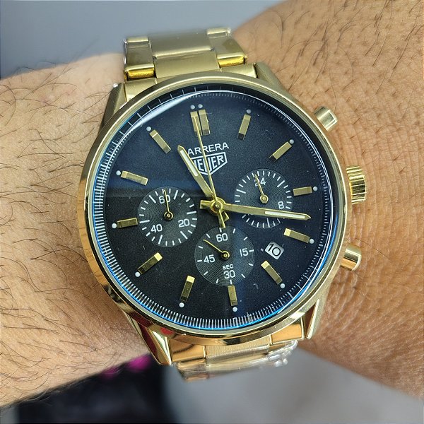 Tag Heuer Carrera Calibre Dourado Tradicional Prateado Em Aço 50MM A Prova D'água