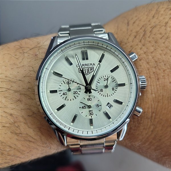 Tag Heuer Carrera Calibre Branco Pérola Tradicional Prateado Em Aço 50MM A Prova D'água