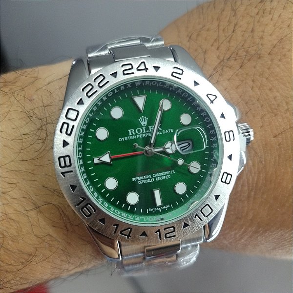 Rolex Oyster Perpetual Date Em Aço Prateado com Verde 46MM A Prova D'água