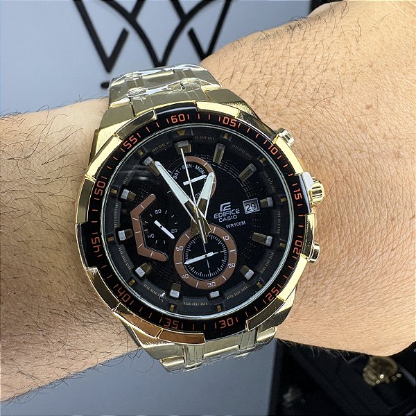 Casio Edifice Em Aço EF-539D Dourado/Preto 45MM A Prova D'Água