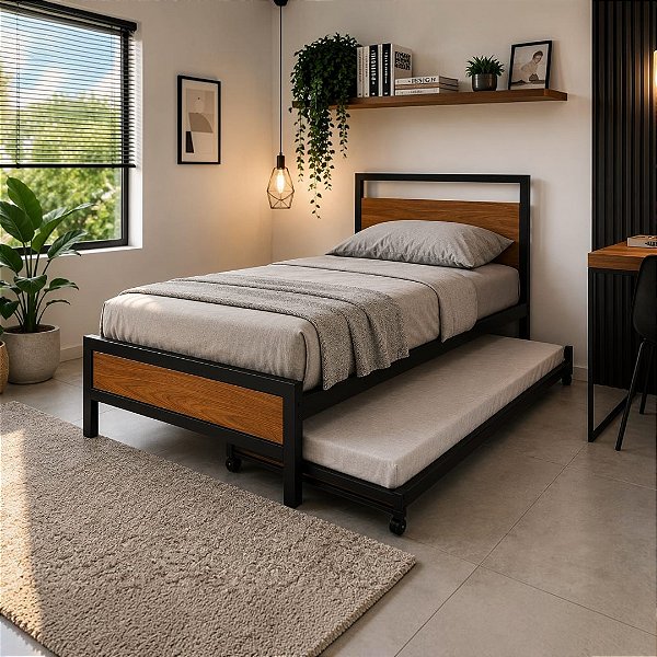 Cama Solteiro Giovana com Cama Auxiliar de Ferro Preto para Colchão 78x188