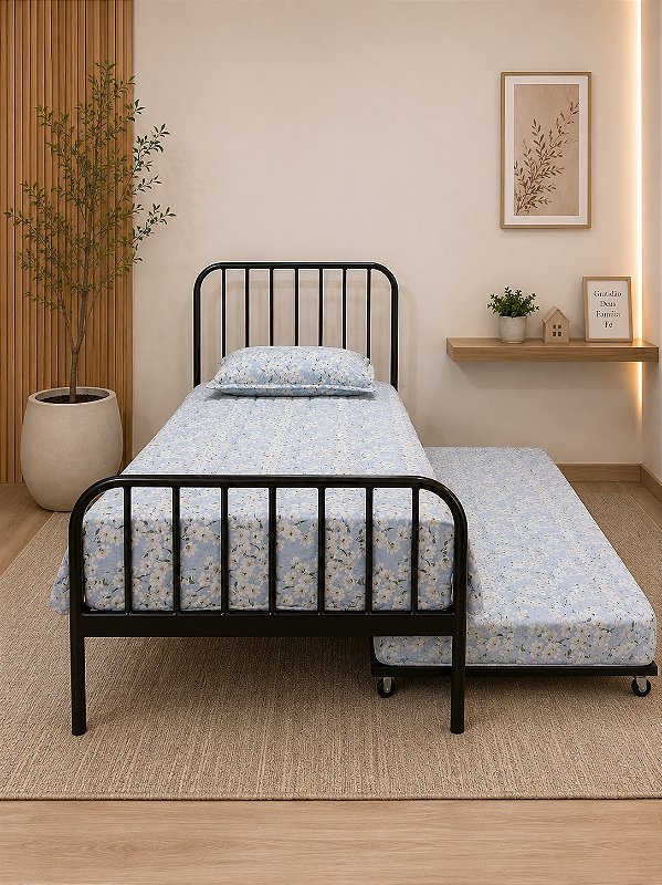 Cama Solteiro Diana com Cama Auxiliar de Ferro Preto para Colchão 88x188
