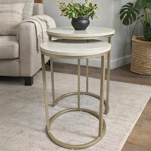 Duo De Mesas Lateral Champanhe Com Tampo OffWhite