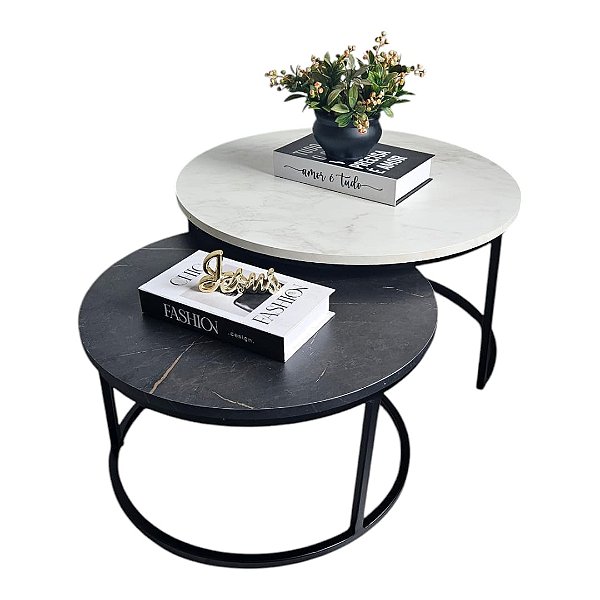 Duo de Mesas de Centro Kira Preta com MDF Preto Marmorizado e Branco Marmorizado