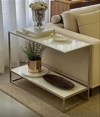 Mesa de Apoio Sofá Modelo Lara Champanhe com MDF Branco Brilhante