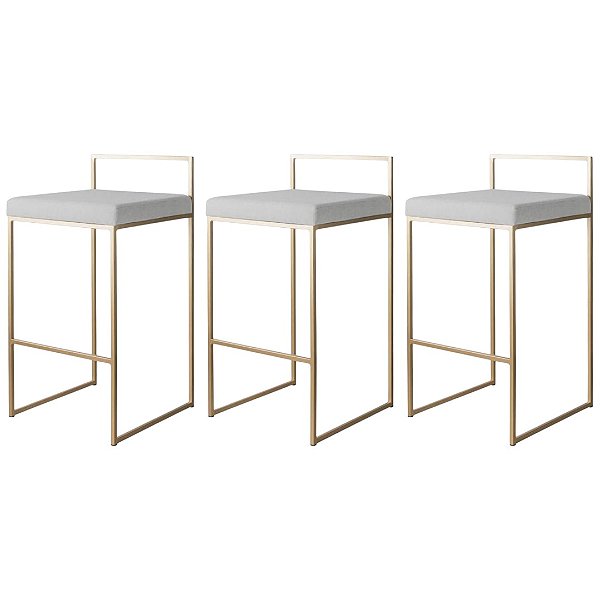 Kit com 3 Banquetas Lis Dourado com Assento em Linho Cru 45cm de Altura