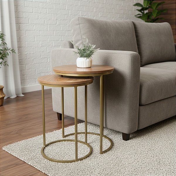 Duo De Mesas Lateral Dourada Com Tampo Freijó