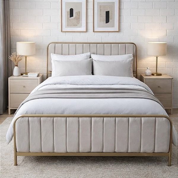 Cama de Ferro com Cabeceira Estofada Super King Champanhe Size 1,93x2,03