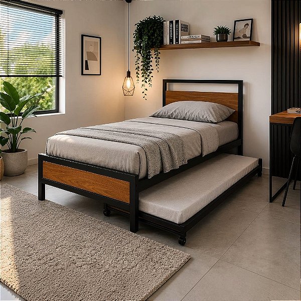 Cama Solteiro Elisa com Cama Auxiliar de Ferro Preto para Colchão 88x188