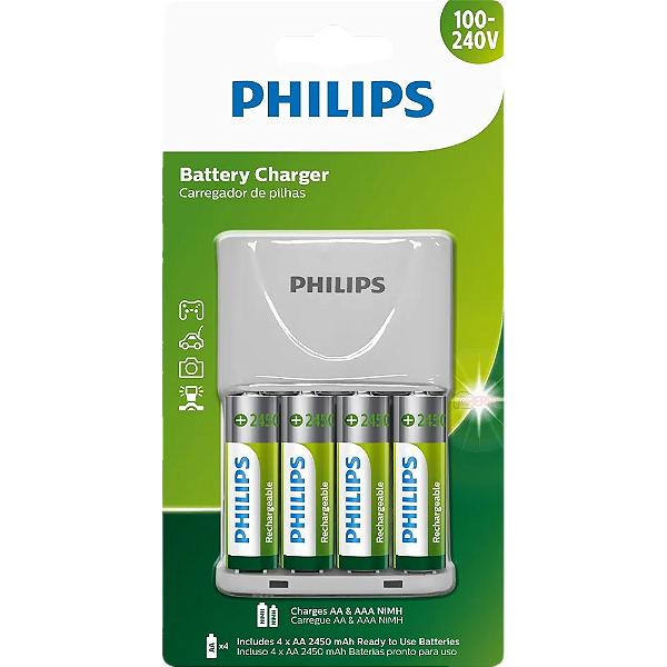 Carregador de Pilhas Philips com 4 Pilhas AA Recarregáveis 2450mAh Bivolt Branco