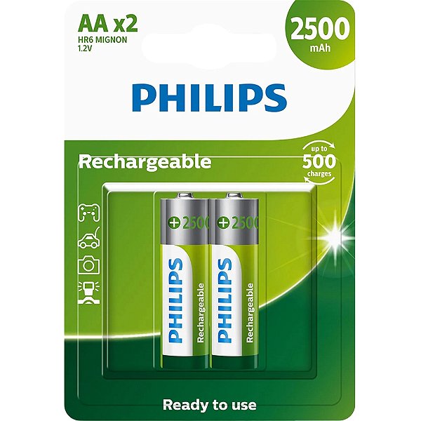 Pilha Philips Recarregável AAx2 HR6 Mignon Ni-MH 2500mAh