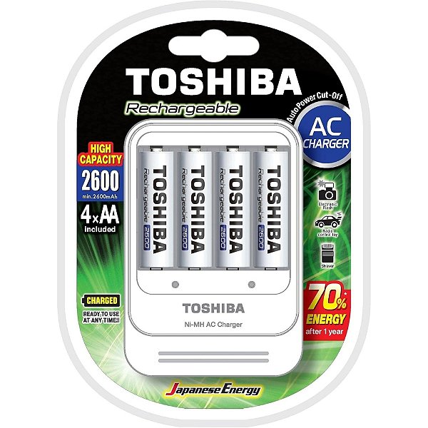 Carregador de Pilhas Toshiba com 4 Pilhas AA Recarregáveis 2600mAh Bivolt Branco