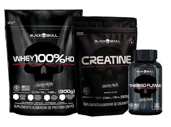 COMBO EMAGRECIMENTO BLACK | WHEY 100% 900G + CREATINA 100%PURE 500G + THERMO FLAME 60CP