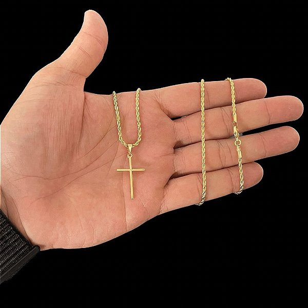 CORRENTE BAIANA (2MM- 70CM) + PINGENTE CRUCIFIXO - BANHADO A OURO 18K
