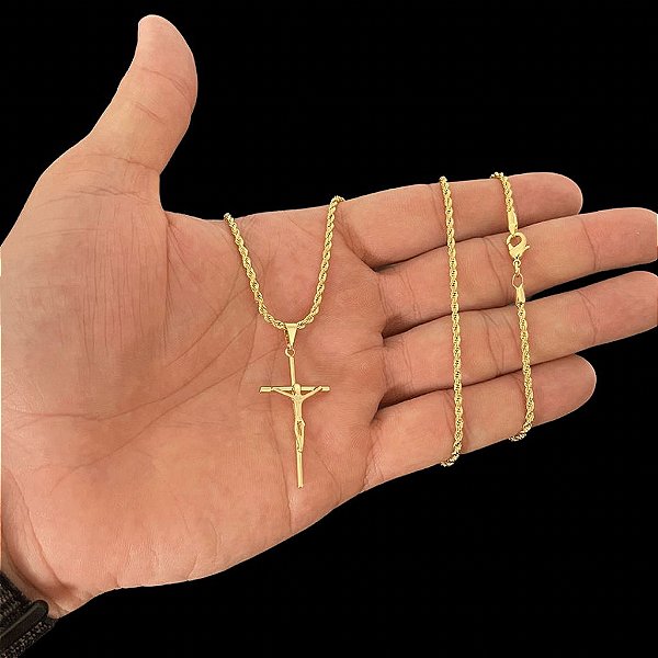 CORRENTE BAIANA (2MM- 70CM) + PINGENTE CRUCIFIXO DETALHADO - BANHADO A OURO 18K