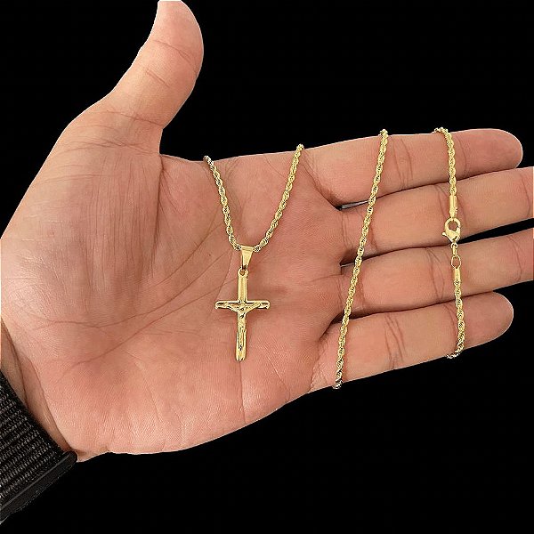 CORRENTE BAIANA (2MM- 70CM) + PINGENTE JESUS CRUCIFICADO - BANHADO A OURO 18K