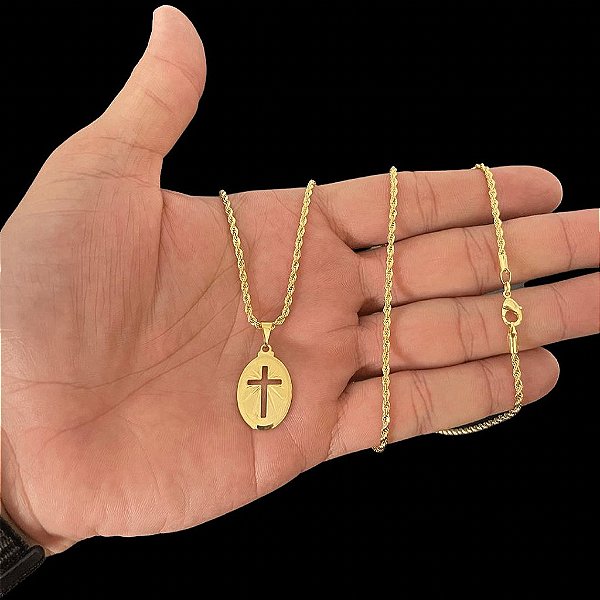 CORRENTE BAIANA (2MM- 70CM) + PINGENTE MEDALHA  CRUCIFIXO - BANHADO A OURO 18K