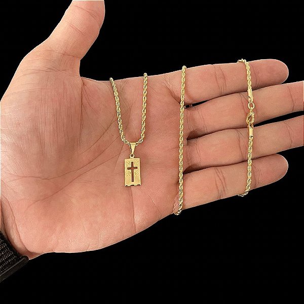 CORRENTE BAIANA (2MM- 70CM) + PINGENTE PLACA CRUCIFIXO- BANHADO A OURO 18k