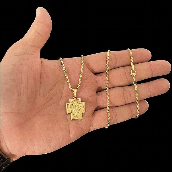 CORRENTE BAIANA (2MM- 70CM) + PINGENTE ROSTO DE JESUS CRUZ- BANHADO A OURO 18k