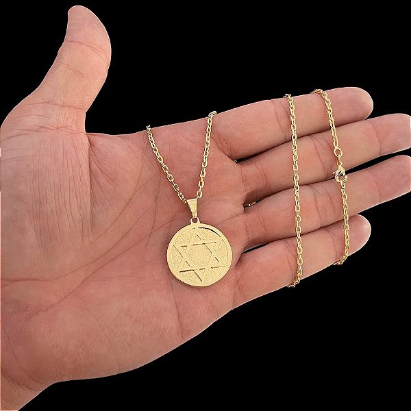 CORRENTE  CADEADO( 1.5mm- 70/60cm) + PINGENTE MEDALHA MACIÇA ESTRELA DE DAVI- BANHADO A OURO 18k
