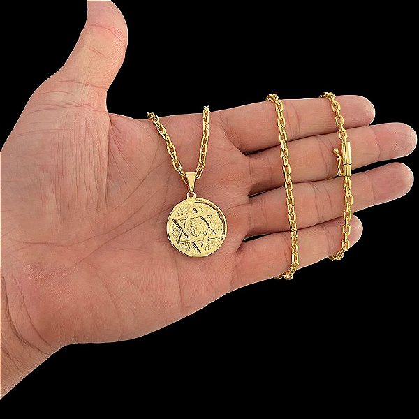 CORRENTE CADEADO (3mm- 70/60cm) + PINGENTE MEDALHA MACIÇA ESTRELA DE DAVI- BANHADO A OURO 18k