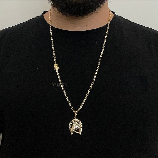 CORRENTE CADEADO( 3mm- 70Cm) + PINGENTE CARA DE CAVALO  - BANHO DE OURO 18K