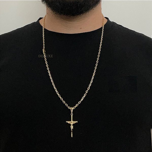 CORRENTE CADEADO( 3mm- 70Cm) + PINGENTE CRUCIFIXO M -FECHO COM MARCAÇÃO 750 - BANHO DE OURO 18K