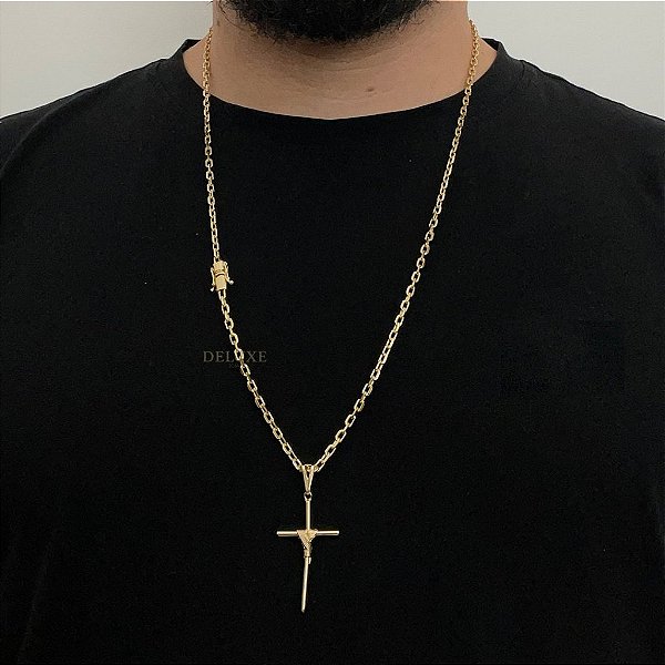 CORRENTE CADEADO (3mm- 70Cm) + PINGENTE CRUZ AMARRADA - BANHO DE OURO 18K