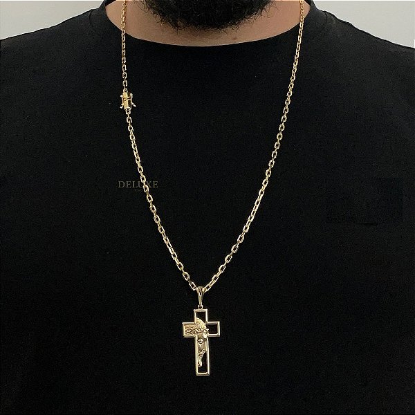 CORRENTE CADEADO( 3mm- 70Cm )+ PINGENTE CRUZ COM JESUS - FECHO COM MARCAÇÃO 750 - BANHO DE OURO 18K