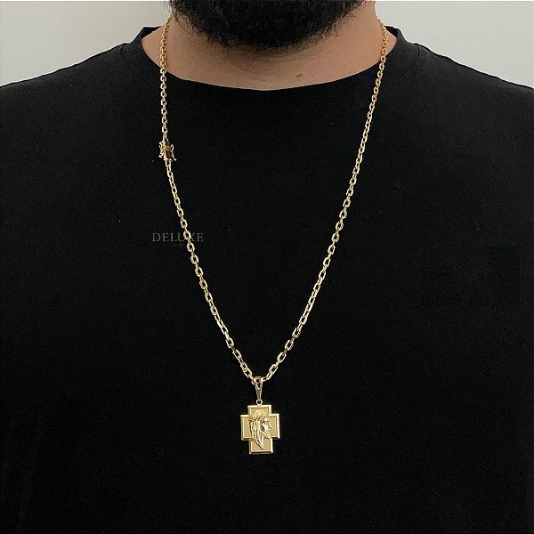 CORRENTE CADEADO( 3mm- 70Cm) + PINGENTE CRUZ COM ROSTO DE JESUS- BANHO DE OURO 18K