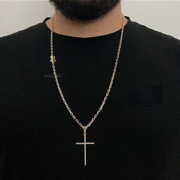 CORRENTE CADEADO( 3mm- 70Cm) + PINGENTE CRUZ LISA M -  FECHO COM MARCAÇÃO 750 - BANHO DE OURO 18K