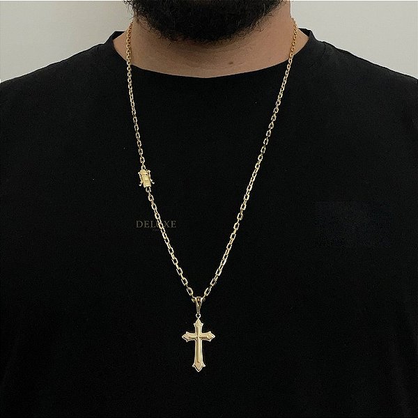 CORRENTE CADEADO( 3mm- 70Cm) + PINGENTE CRUZ RACIONAIS - FECHO COM MARCAÇÃO 750 - BANHO DE OURO 18K