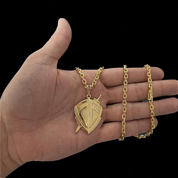 CORRENTE CADEADO COM FECHO CANHÃO( 3mm- 70Cm )+ PINGENTE ESCUDO DA FÉ - BANHADO A OURO 18k