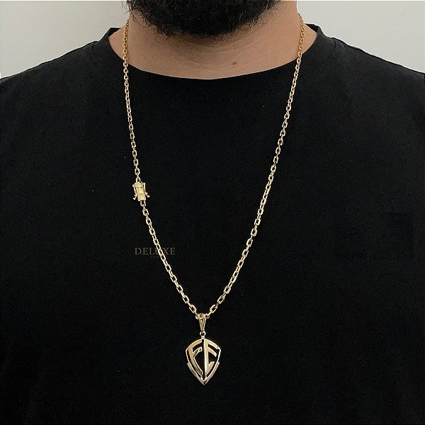 CORRENTE CADEADO (3mm- 70Cm) + PINGENTE ESCUDO DA FÉ VAZADO  - BANHO DE OURO 18K