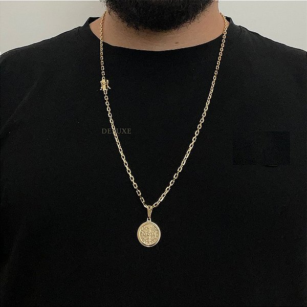 CORRENTE CADEADO( 3mm- 70Cm) + PINGENTE MEDALHA DE SÃO BENTO  DUPLA FACE M - BANHO DE OURO 18K
