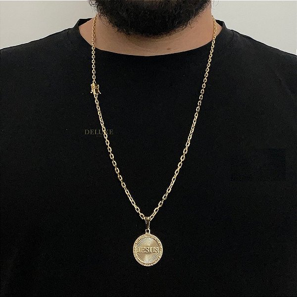 CORRENTE CADEADO( 3mm- 70Cm) + PINGENTE MEDALHA JESUS 3D M - BANHO DE OURO 18K