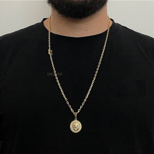 CORRENTE CADEADO( 3mm- 70Cm) + PINGENTE MEDALHA LEÃO DA TRIBO DE JUDA - BANHO DE OURO 18K